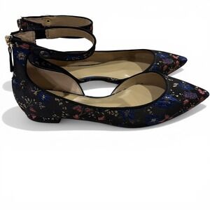 Ann Taylor Black Floral Jacquard Flats Women 10 Pointed Toe Ankle Strap D'Orsay